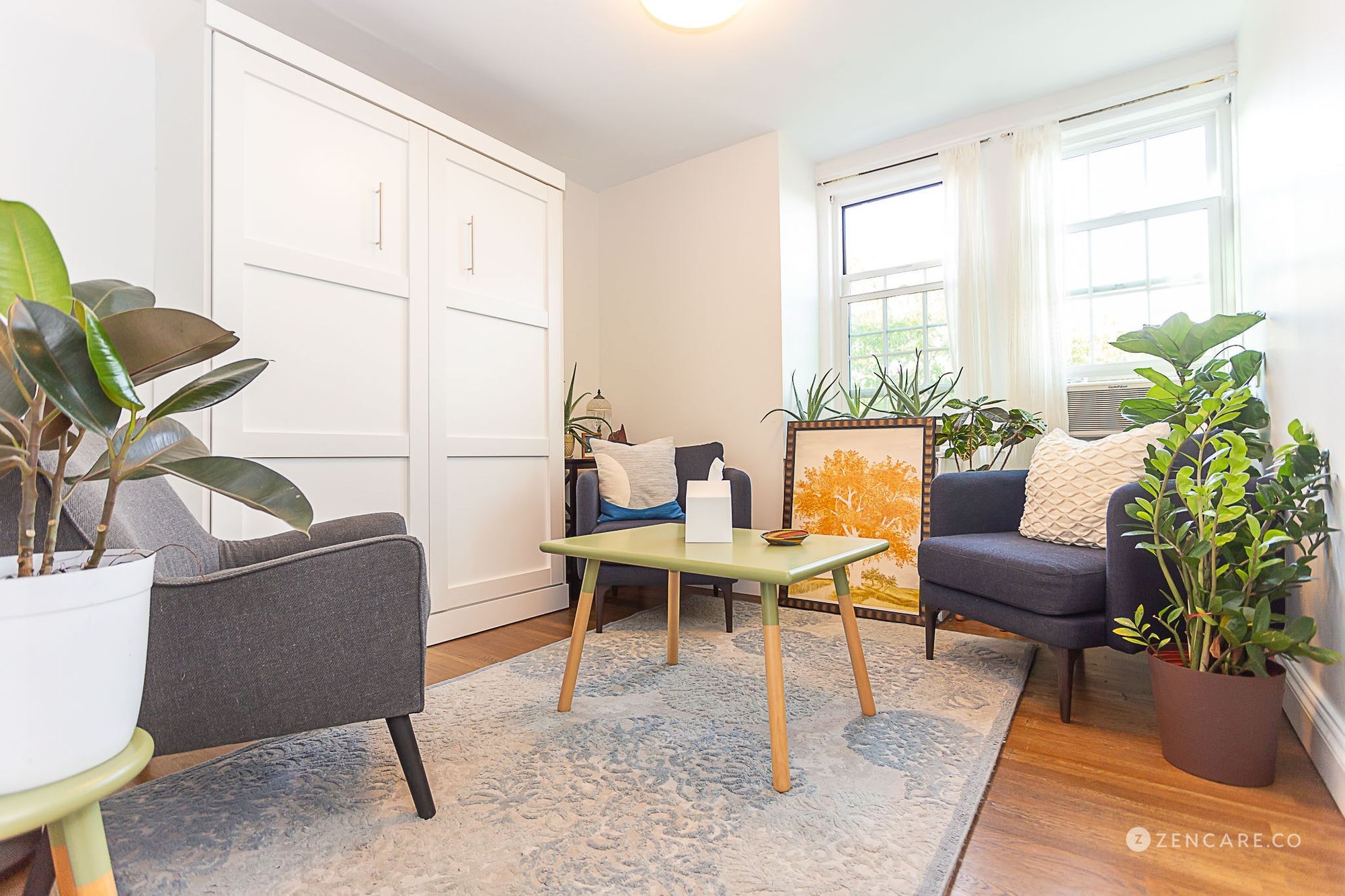 Warm and inviting therapy office with natural light and plants