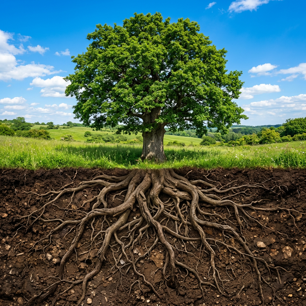 Majestic tree showing both deep roots below ground and full canopy above, symbolizing complete resilience - from foundation to growth